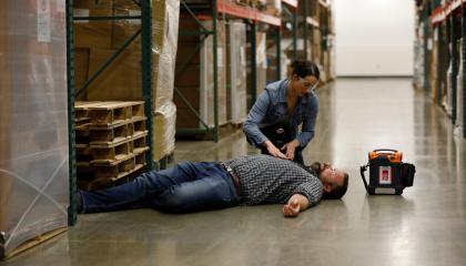 An image of a man on the ground in a warehouse, with a woman attaching an AED to his chest.