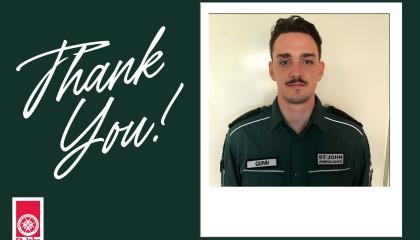 A green graphic with the text 'Thank you!' next to a headshot image of Quinn the SJQ volunteer, in full uniform smiling at the camera.