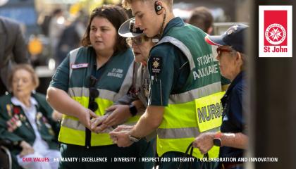 An image of SJQ volunteers at work in the public, with the values 'humanity, excellence, diversity, respect and integrity, collaboration and innovation' at the bottom.