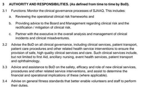 An excerpt from the Medical Governance Committee clauses